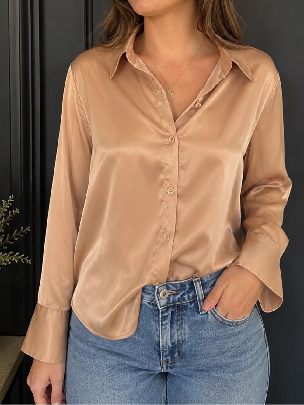 Abercrombie & Fitch Satin Button-Down Shirt‎ in Taupe